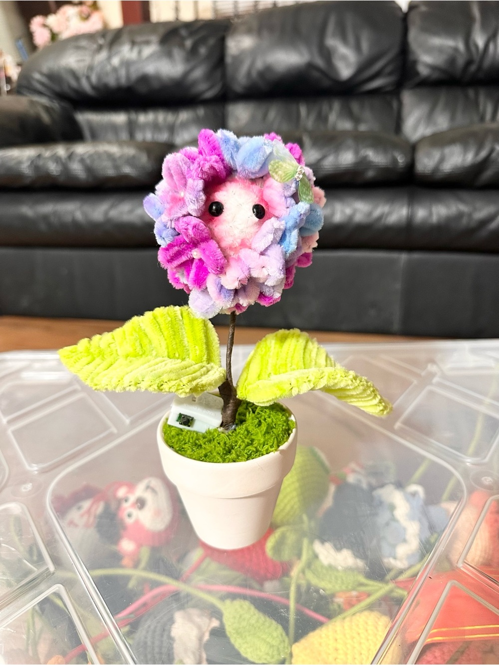 Handmade Pom-Pom Flower Pot in Pastel Pink, Purple & Blue